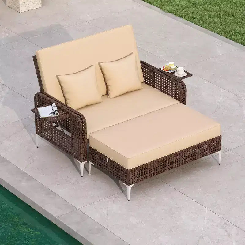 Costway Ensemble 2 Meubles : Canapé Rotin 2 Places & Pouf de Rangement avec Dossier Inclinable 4 Niveaux & Coussin Doux Marron/Bleu Marine