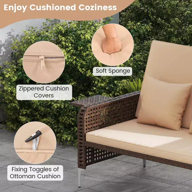 Costway Ensemble 2 Meubles : Canapé Rotin 2 Places & Pouf de Rangement avec Dossier Inclinable 4 Niveaux & Coussin Doux Marron/Bleu Marine
