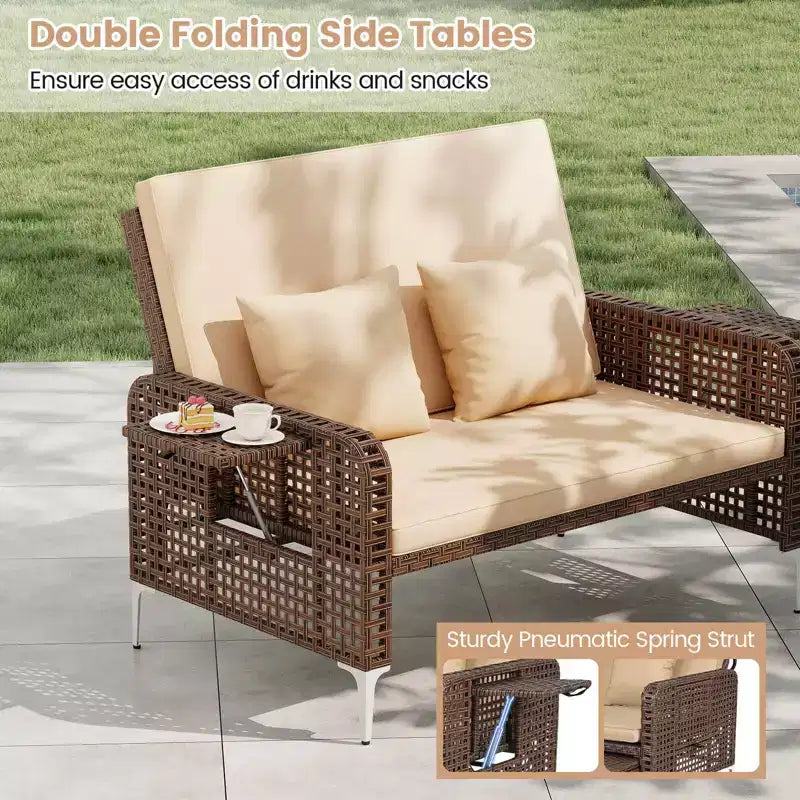 Costway Ensemble 2 Meubles : Canapé Rotin 2 Places & Pouf de Rangement avec Dossier Inclinable 4 Niveaux & Coussin Doux Marron/Bleu Marine