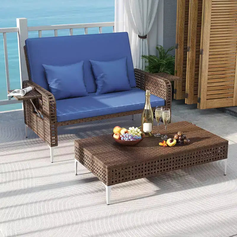 Costway Ensemble 2 Meubles : Canapé Rotin 2 Places & Pouf de Rangement avec Dossier Inclinable 4 Niveaux & Coussin Doux Marron/Bleu Marine