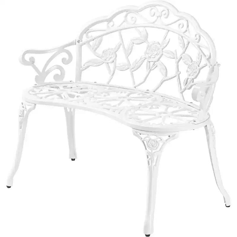 VINGLI 38.5 Outdoor Metal Bench, Cast Aluminium Frame Antique Finish Chair, Rose Accented Porch Decor Deck Furniture for 2 Person Seat (White)