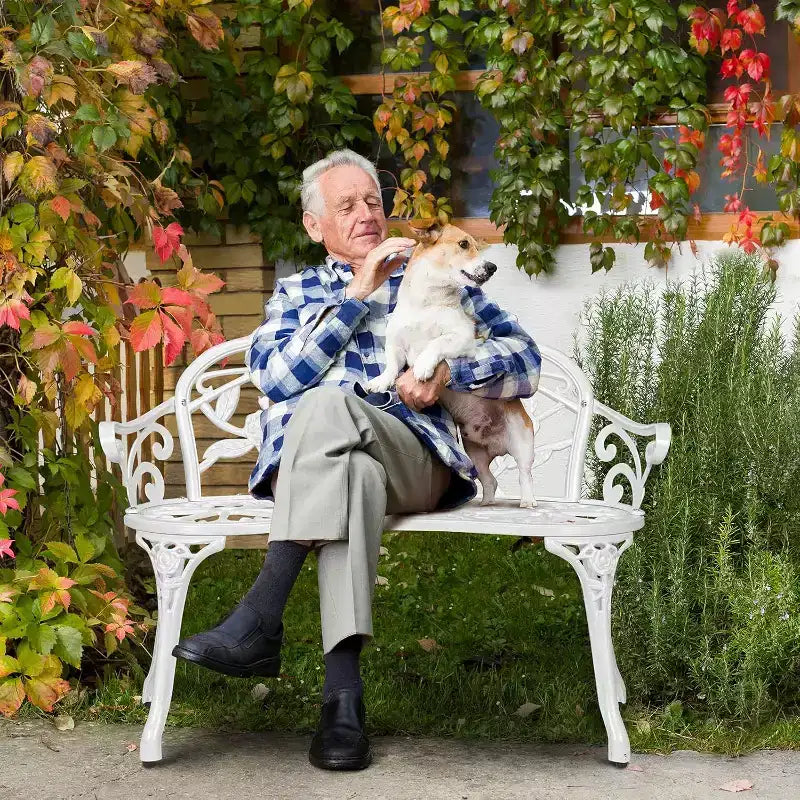 Banc d'extérieur en métal VINGLI 38.5, cadre en aluminium moulé finition antique, chaise à l'accent rose pour la décoration de porche, meuble de terrasse pour 2 personnes (blanc)