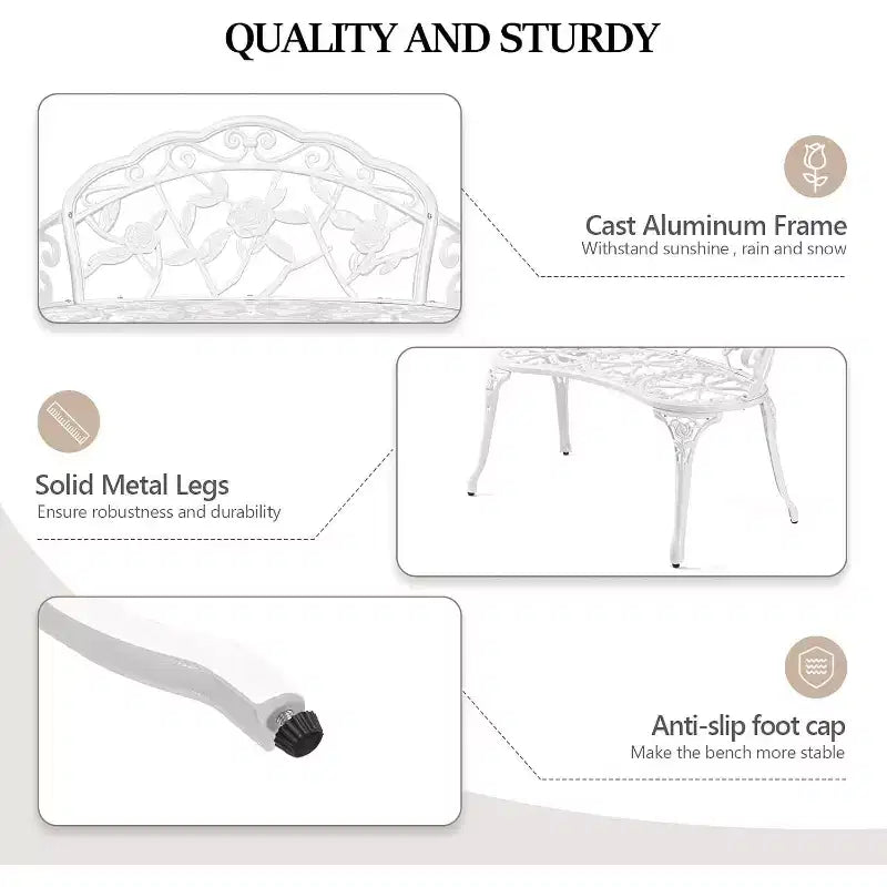 Banc d'extérieur en métal VINGLI 38.5, cadre en aluminium moulé finition antique, chaise à l'accent rose pour la décoration de porche, meuble de terrasse pour 2 personnes (blanc)