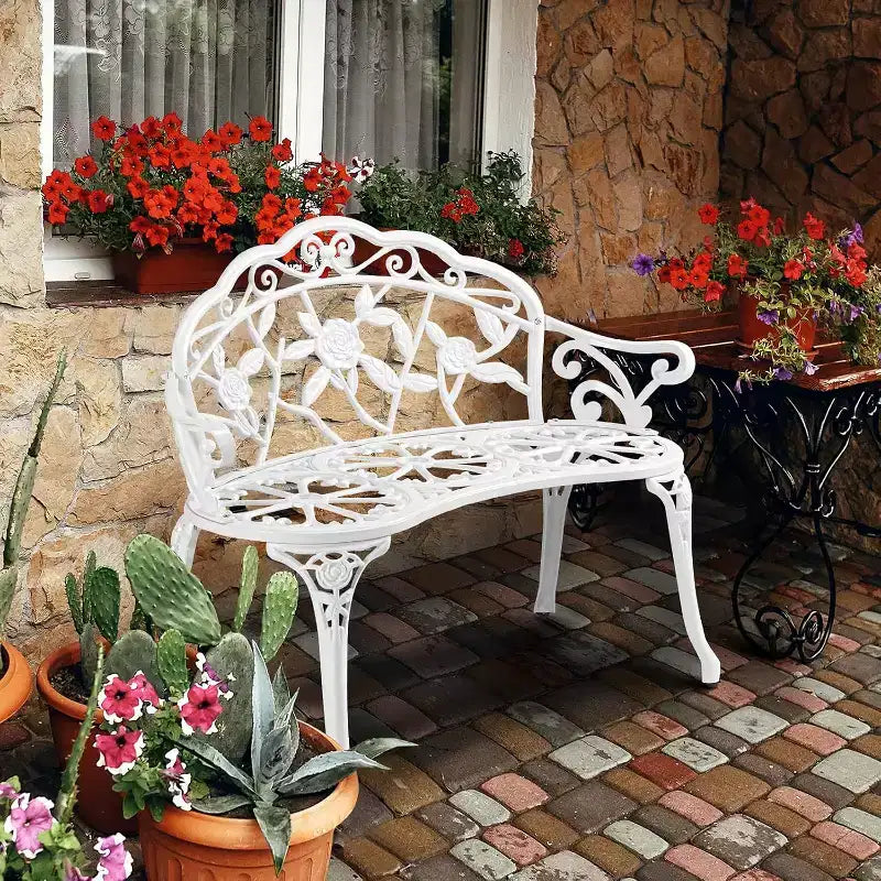 Banc d'extérieur en métal VINGLI 38.5, cadre en aluminium moulé finition antique, chaise à l'accent rose pour la décoration de porche, meuble de terrasse pour 2 personnes (blanc)