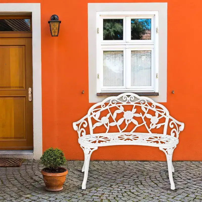 Banc d'extérieur en métal VINGLI 38.5, cadre en aluminium moulé finition antique, chaise à l'accent rose pour la décoration de porche, meuble de terrasse pour 2 personnes (blanc)