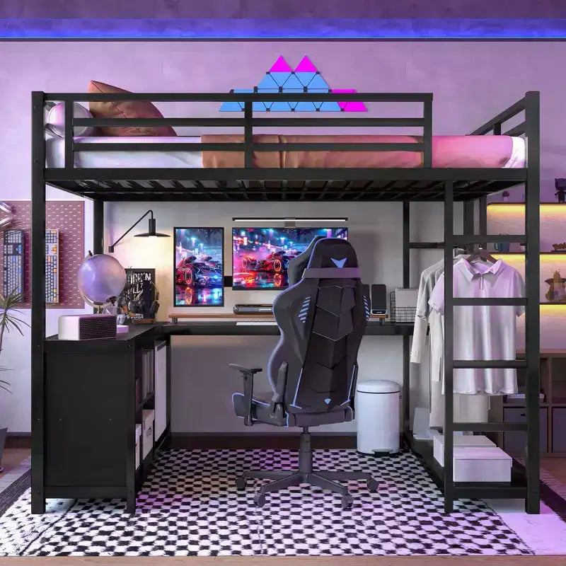 Lit mezzanine en métal avec armoire et bureau en L, lit mezzanine pleine grandeur avec cubes de rangement et étagères, lit mezzanine pour enfants, adolescents et adultes, noir