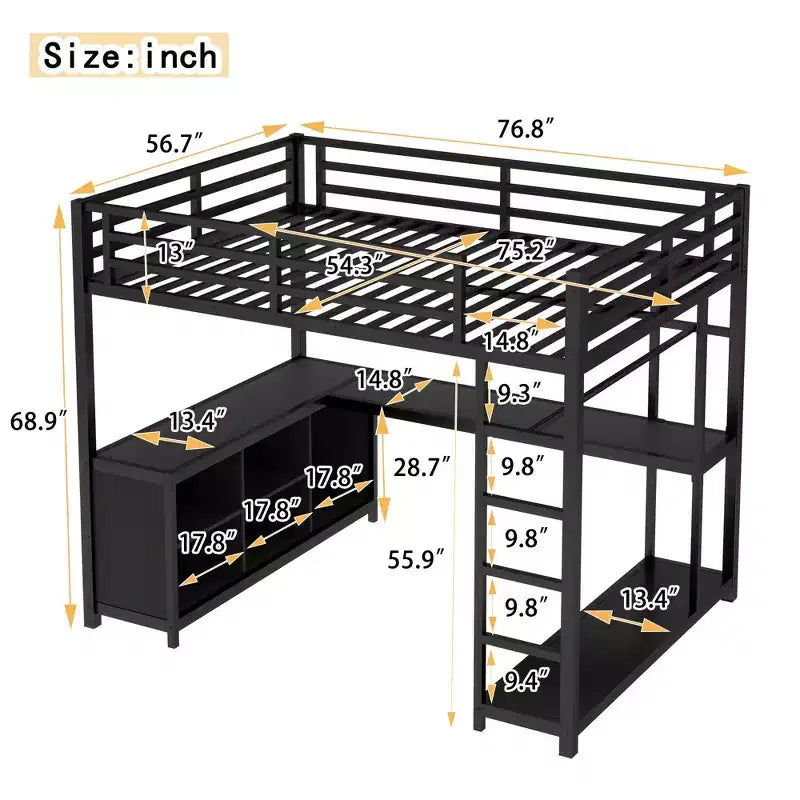 Lit mezzanine en métal avec armoire et bureau en L, lit mezzanine pleine grandeur avec cubes de rangement et étagères, lit mezzanine pour enfants, adolescents et adultes, noir