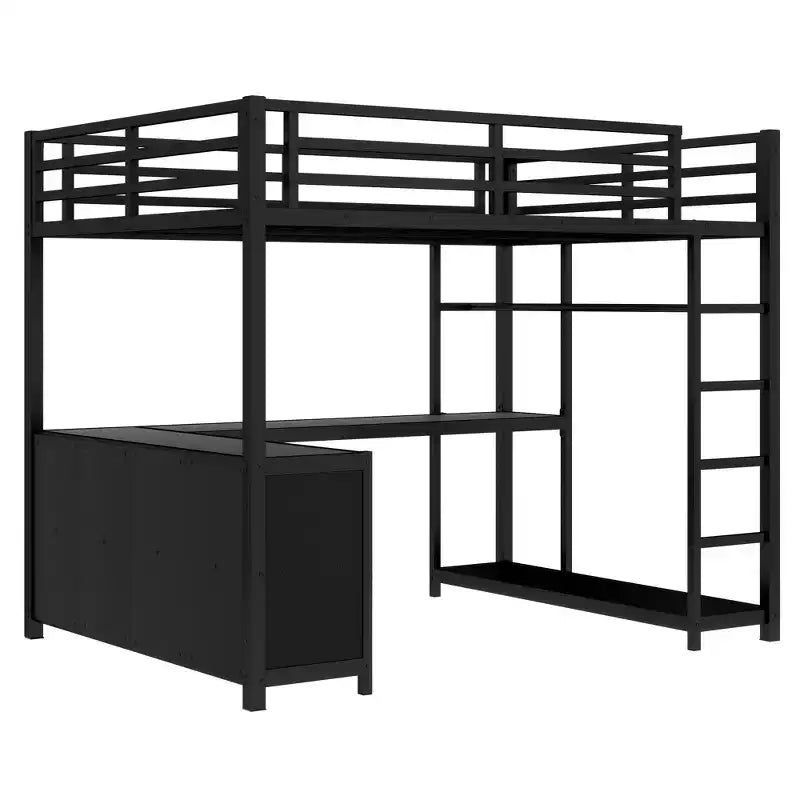 Lit mezzanine en métal avec armoire et bureau en L, lit mezzanine pleine grandeur avec cubes de rangement et étagères, lit mezzanine pour enfants, adolescents et adultes, noir