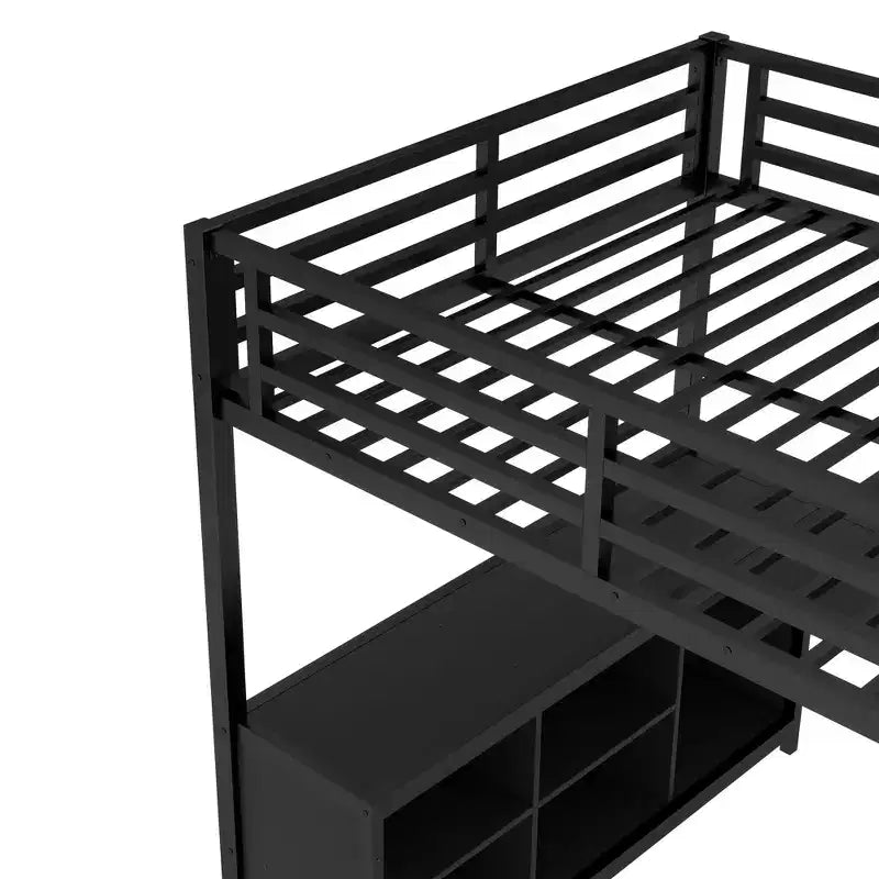 Lit mezzanine en métal avec armoire et bureau en L, lit mezzanine pleine grandeur avec cubes de rangement et étagères, lit mezzanine pour enfants, adolescents et adultes, noir