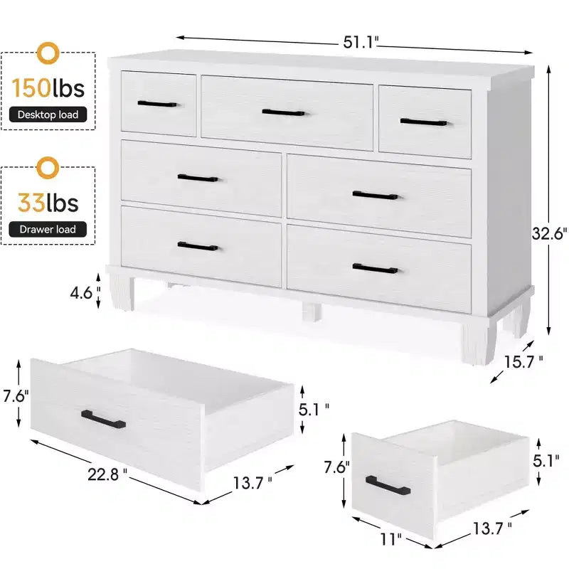 Commode 7 tiroirs, commode de chambre moderne en bois avec tiroirs de rangement, meuble TV de style ferme pour salon, chambre, couloir, blanc