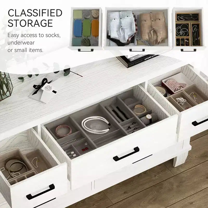 Commode 7 tiroirs, commode de chambre moderne en bois avec tiroirs de rangement, meuble TV de style ferme pour salon, chambre, couloir, blanc