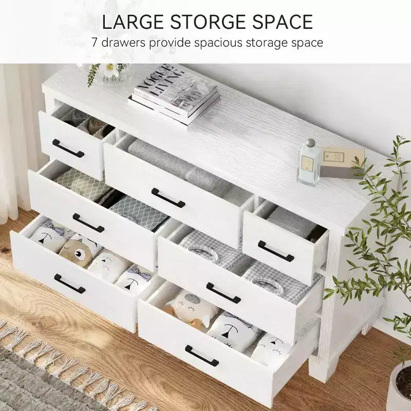 Commode 7 tiroirs, commode de chambre moderne en bois avec tiroirs de rangement, meuble TV de style ferme pour salon, chambre, couloir, blanc