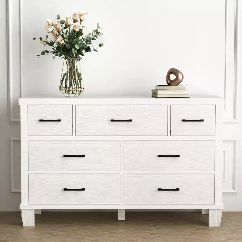 Commode 7 tiroirs, commode de chambre moderne en bois avec tiroirs de rangement, meuble TV de style ferme pour salon, chambre, couloir, blanc