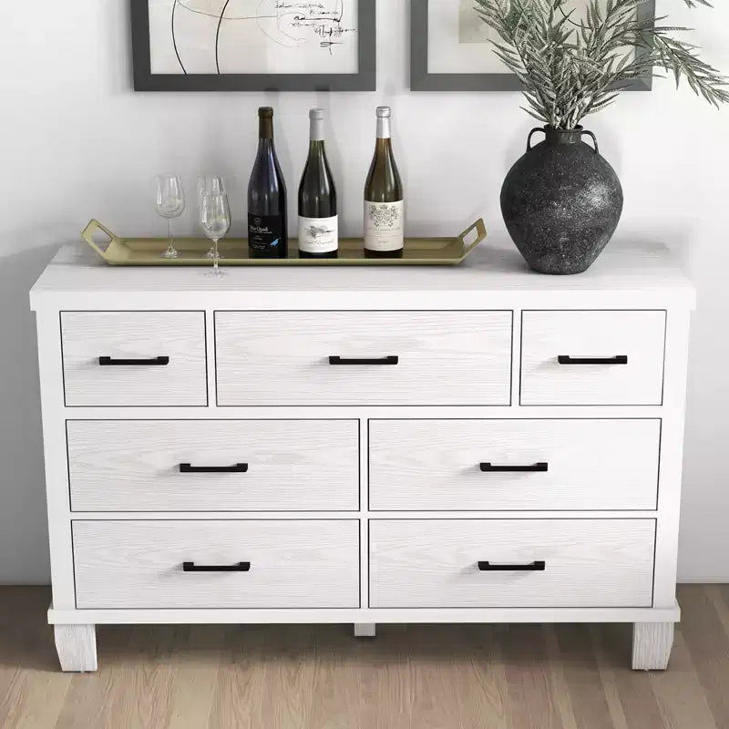 Commode 7 tiroirs, commode de chambre moderne en bois avec tiroirs de rangement, meuble TV de style ferme pour salon, chambre, couloir, blanc