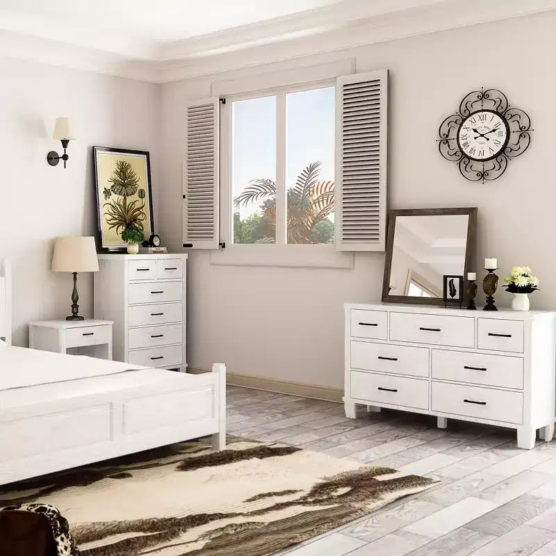 Commode 7 tiroirs, commode de chambre moderne en bois avec tiroirs de rangement, meuble TV de style ferme pour salon, chambre, couloir, blanc