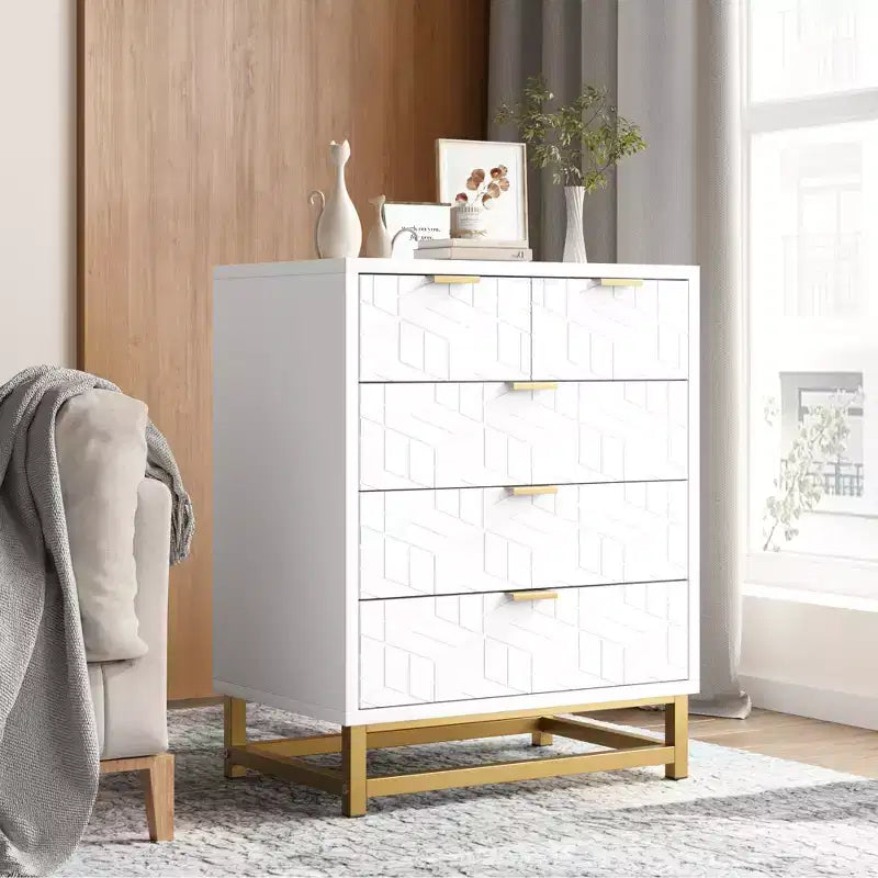 Commode à 5 tiroirs, commode de chambre moderne en bois avec tiroirs de rangement, meuble TV de style ferme pour salon, chambre, couloir, blanc