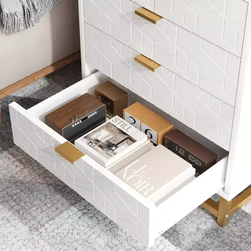 Commode à 5 tiroirs, commode de chambre moderne en bois avec tiroirs de rangement, meuble TV de style ferme pour salon, chambre, couloir, blanc