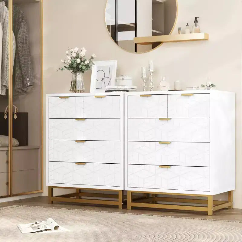 Commode à 5 tiroirs, commode de chambre moderne en bois avec tiroirs de rangement, meuble TV de style ferme pour salon, chambre, couloir, blanc