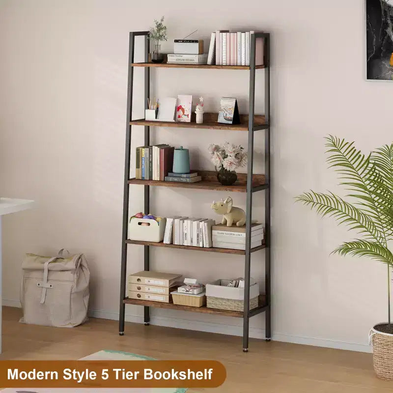 Étagère à 5 niveaux, bibliothèque étroite de 170 cm avec cadre métallique, organisateur de rangement marron rustique pour chambre, cuisine, salon