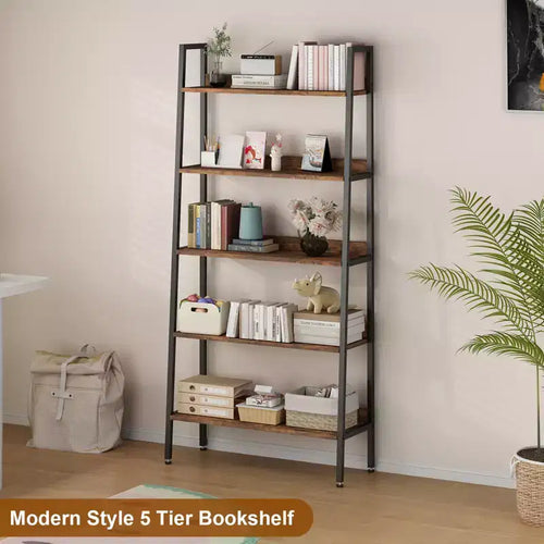Étagère à 5 niveaux, bibliothèque étroite de 170 cm avec cadre métallique, organisateur de rangement marron rustique pour chambre, cuisine, salon