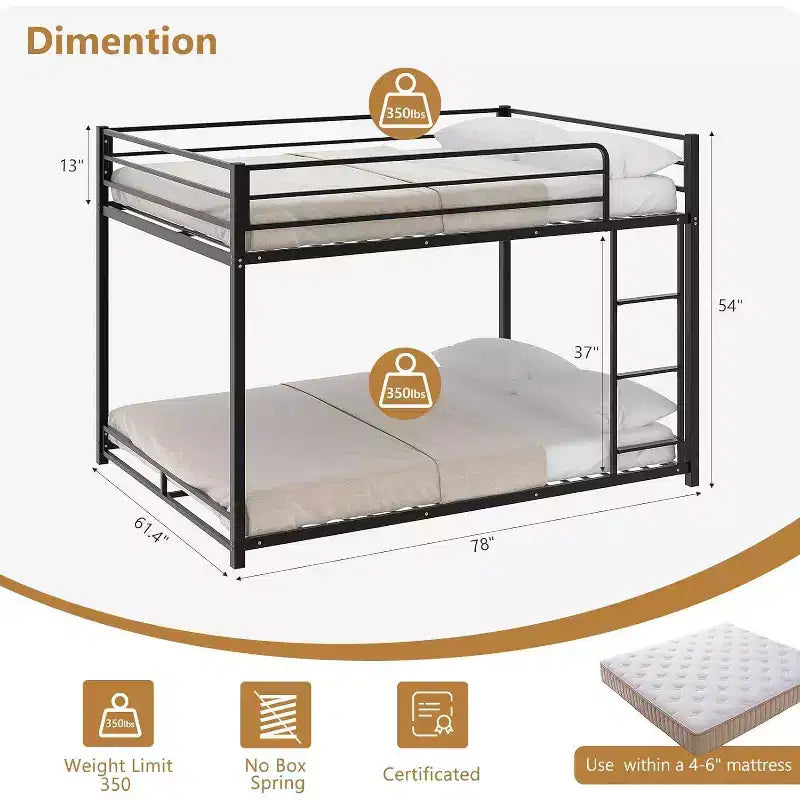 Lit Superposé en Métal Double sur Double, Cadre de Lit Simple pour Garçons Filles, Junior, Lit Superposé Bas, Design Gain de Place, Matelas Non Inclus (Noir)