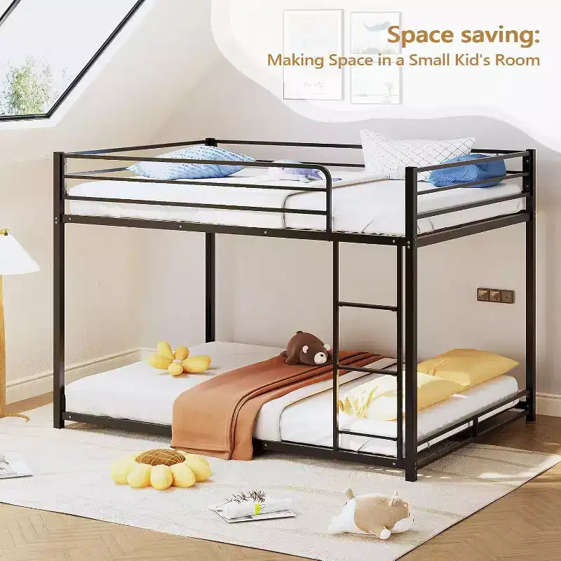 Lit Superposé en Métal Double sur Double, Cadre de Lit Simple pour Garçons Filles, Junior, Lit Superposé Bas, Design Gain de Place, Matelas Non Inclus (Noir)