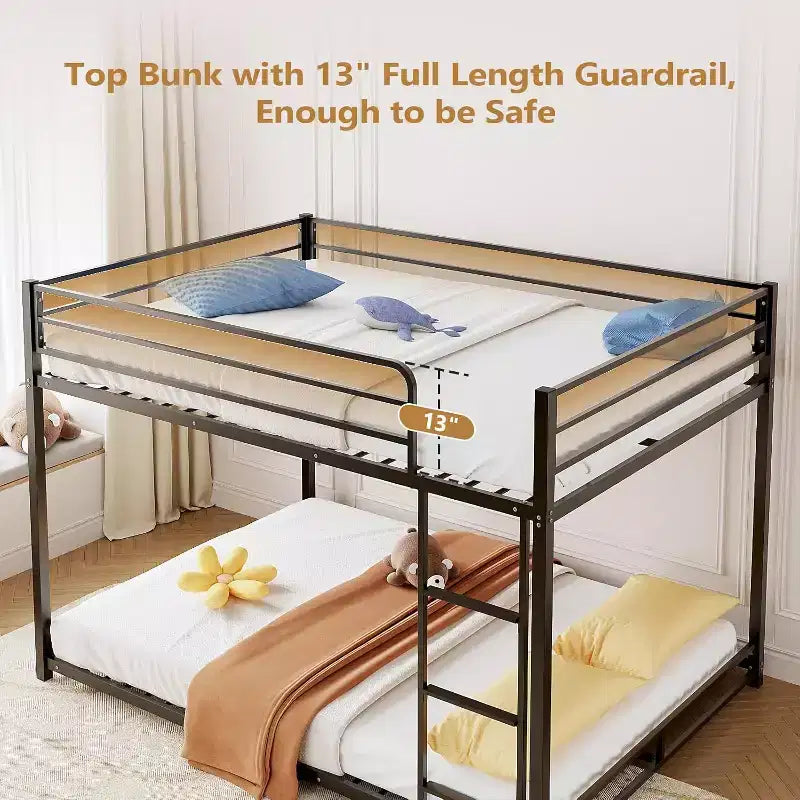 Lit Superposé en Métal Double sur Double, Cadre de Lit Simple pour Garçons Filles, Junior, Lit Superposé Bas, Design Gain de Place, Matelas Non Inclus (Noir)
