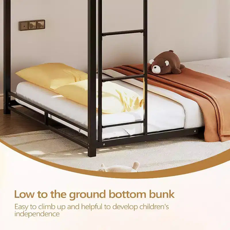 Lit Superposé en Métal Double sur Double, Cadre de Lit Simple pour Garçons Filles, Junior, Lit Superposé Bas, Design Gain de Place, Matelas Non Inclus (Noir)