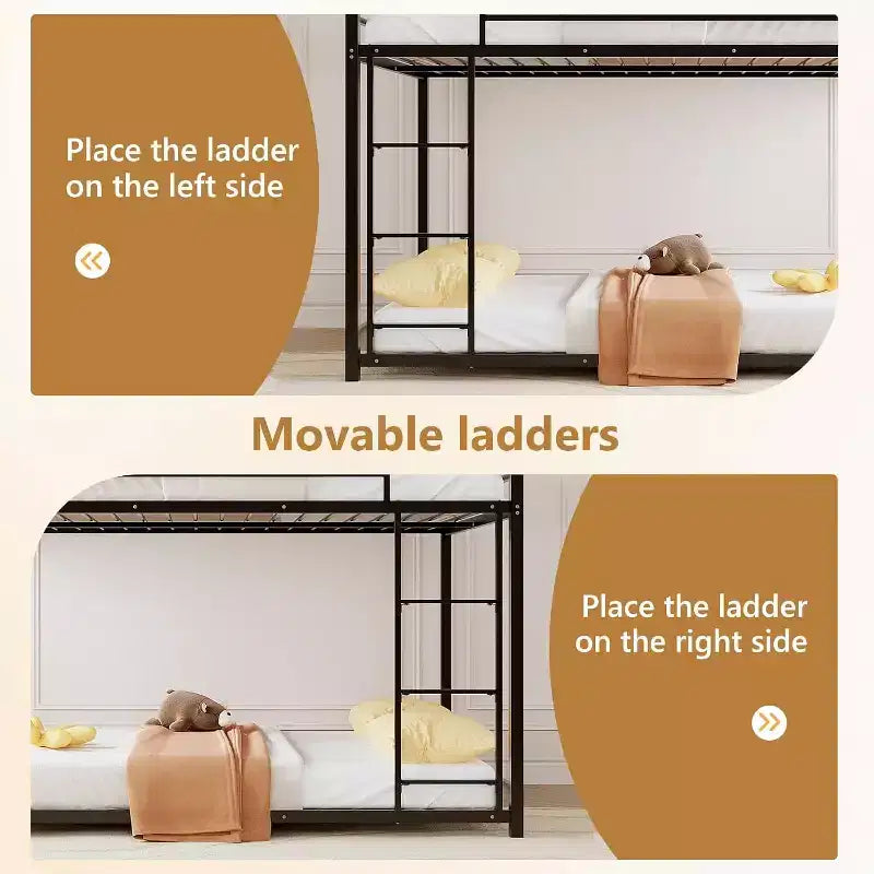 Lit Superposé en Métal Double sur Double, Cadre de Lit Simple pour Garçons Filles, Junior, Lit Superposé Bas, Design Gain de Place, Matelas Non Inclus (Noir)