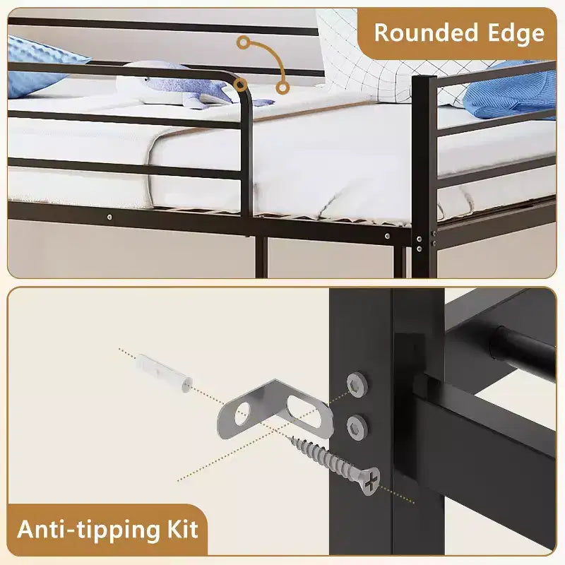 Lit Superposé en Métal Double sur Double, Cadre de Lit Simple pour Garçons Filles, Junior, Lit Superposé Bas, Design Gain de Place, Matelas Non Inclus (Noir)