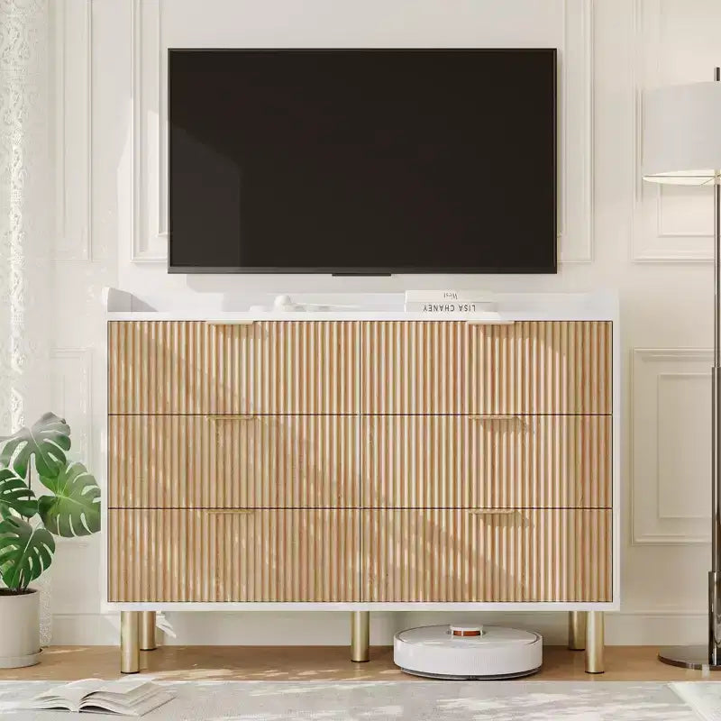 Commode de chambre à coucher, commode double en bois cannelé de 120 cm avec poignées en métal, design incurvé, grand meuble de rangement, double meuble de rangement en bois