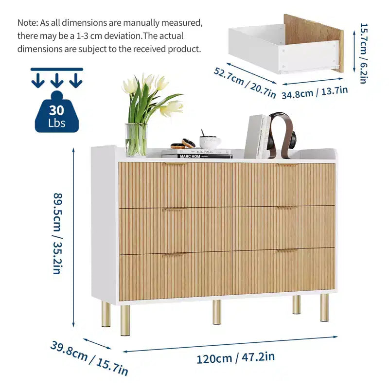 Commode de chambre à coucher, commode double en bois cannelé de 120 cm avec poignées en métal, design incurvé, grand meuble de rangement, double meuble de rangement en bois