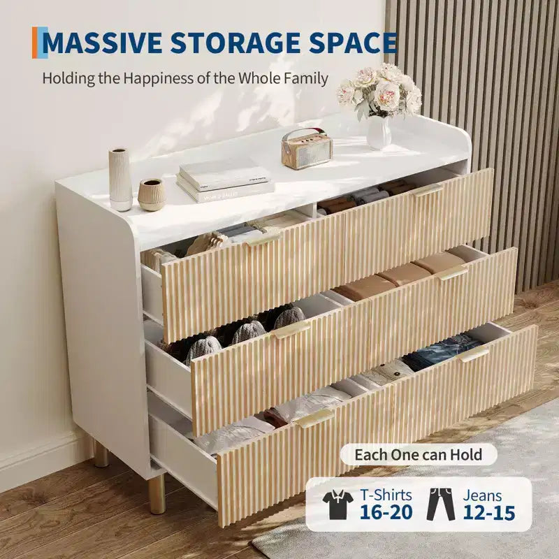 Commode de chambre à coucher, commode double en bois cannelé de 120 cm avec poignées en métal, design incurvé, grand meuble de rangement, double meuble de rangement en bois