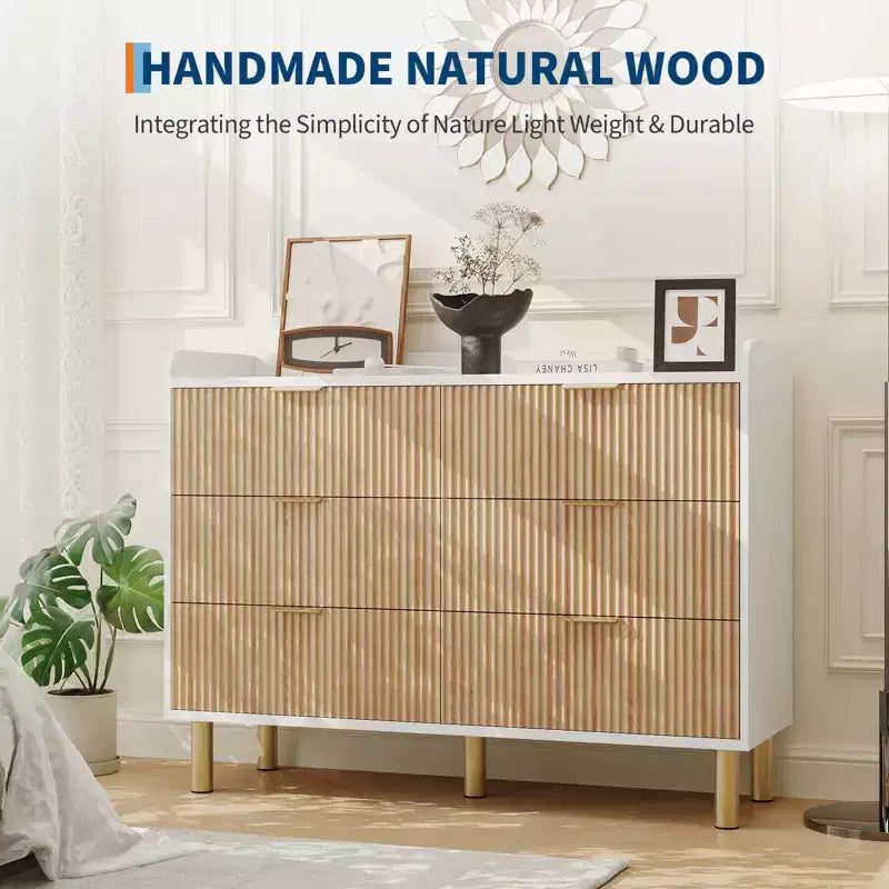 Commode de chambre à coucher, commode double en bois cannelé de 120 cm avec poignées en métal, design incurvé, grand meuble de rangement, double meuble de rangement en bois