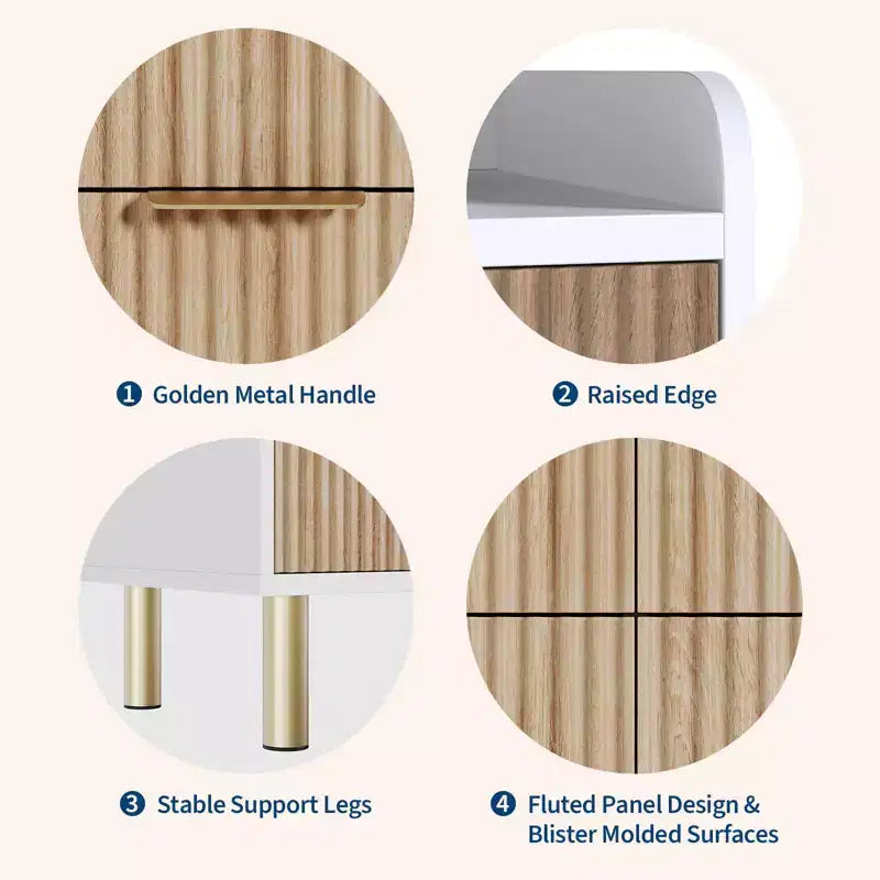 Commode de chambre à coucher, commode double en bois cannelé de 120 cm avec poignées en métal, design incurvé, grand meuble de rangement, double meuble de rangement en bois