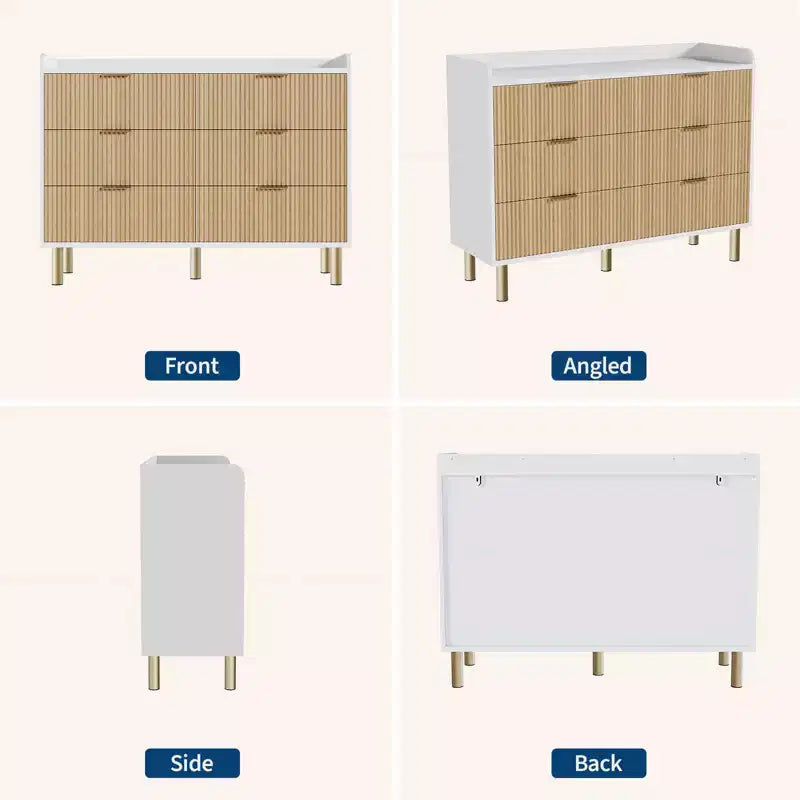 Commode de chambre à coucher, commode double en bois cannelé de 120 cm avec poignées en métal, design incurvé, grand meuble de rangement, double meuble de rangement en bois