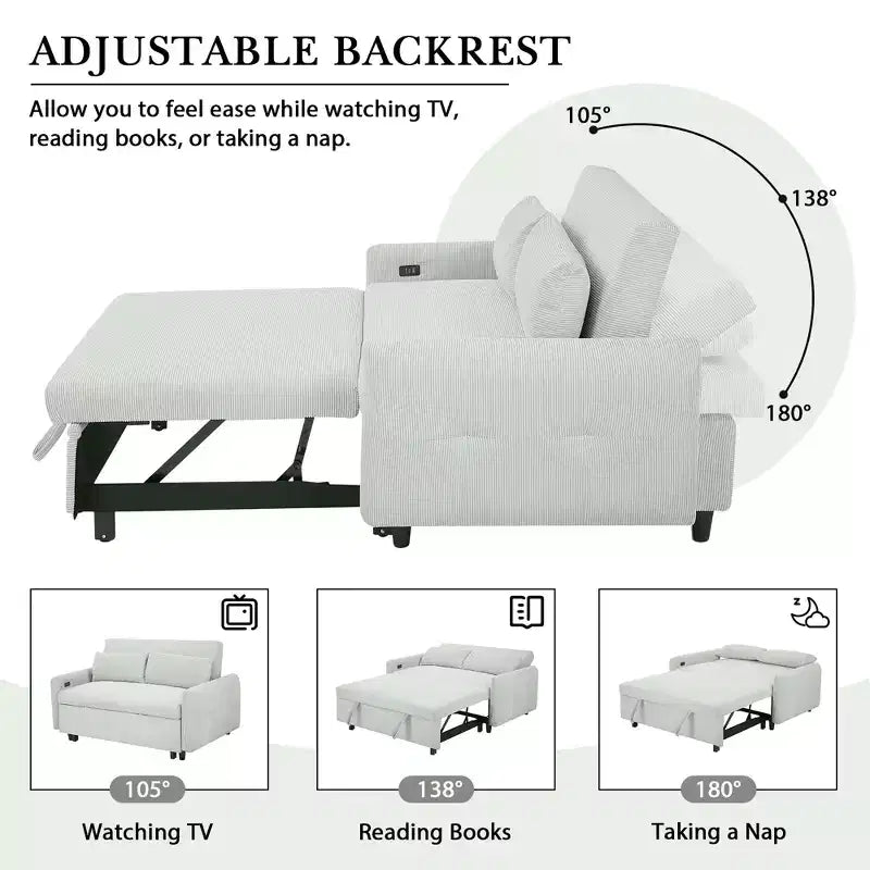 Canapé-lit inclinable multi-angle en velours côtelé doux, dossier réglable sur 3 positions avec ports USB