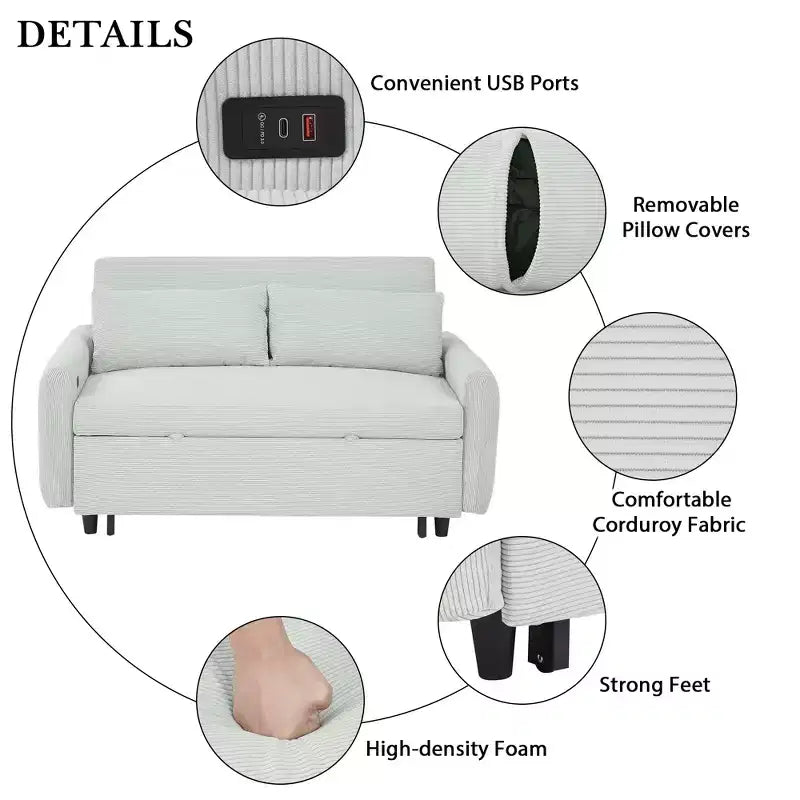 Canapé-lit inclinable multi-angle en velours côtelé doux, dossier réglable sur 3 positions avec ports USB