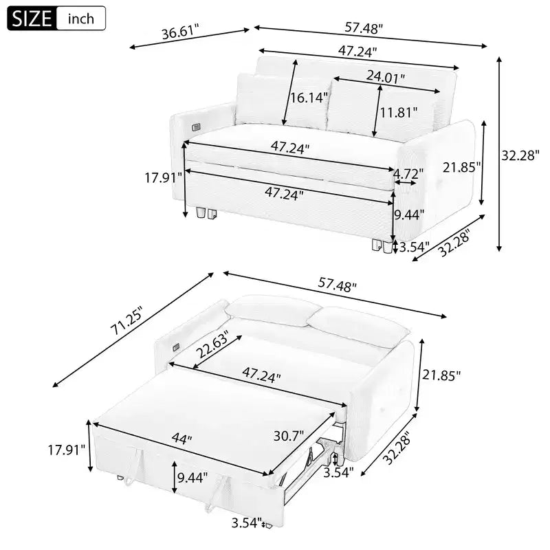 Canapé-lit inclinable multi-angle en velours côtelé doux, dossier réglable sur 3 positions avec ports USB