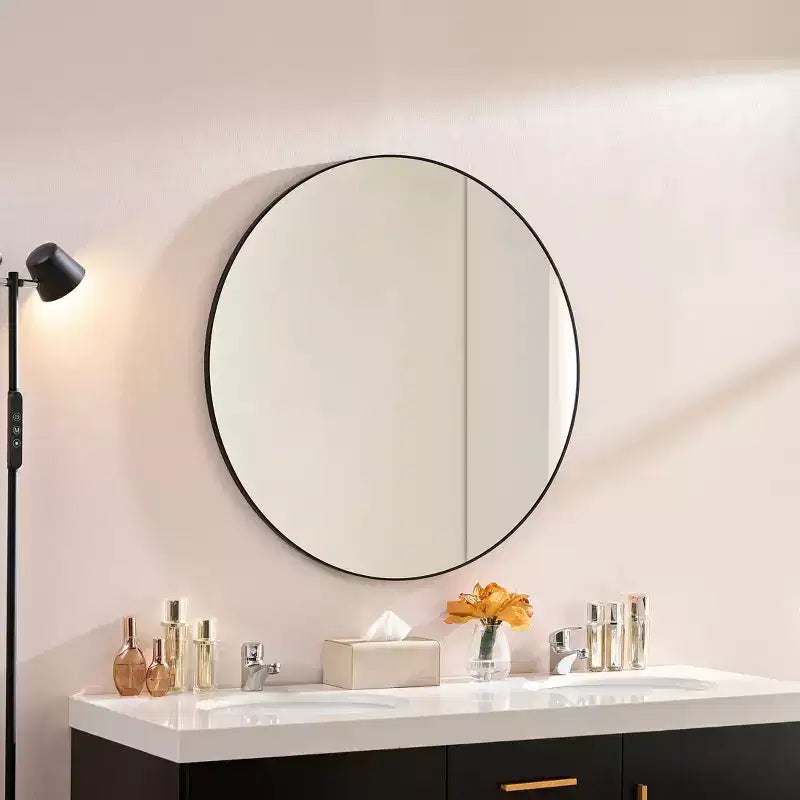 Miroir mural rond moderne de 36 pouces avec cadre fin en aluminium, miroir de salle de bain, miroir de courtoisie pour salle de bain, salon, noir