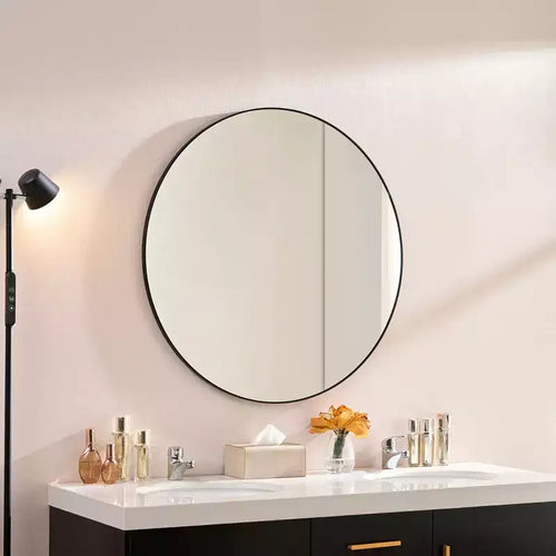 Miroir mural rond moderne de 36 pouces avec cadre fin en aluminium, miroir de salle de bain, miroir de courtoisie pour salle de bain, salon, noir
