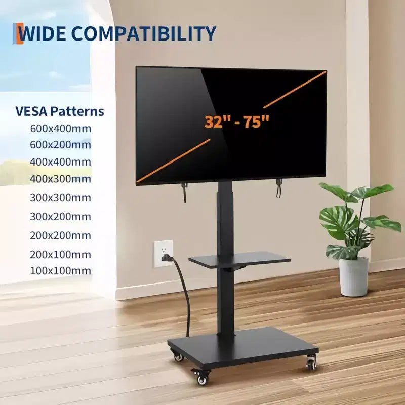 Chariot TV mobile Support roulant réglable en hauteur avec roulettes verrouillables pour téléviseurs de 32 à 75 pouces, base pivotante/inclinable et étagère ouverte