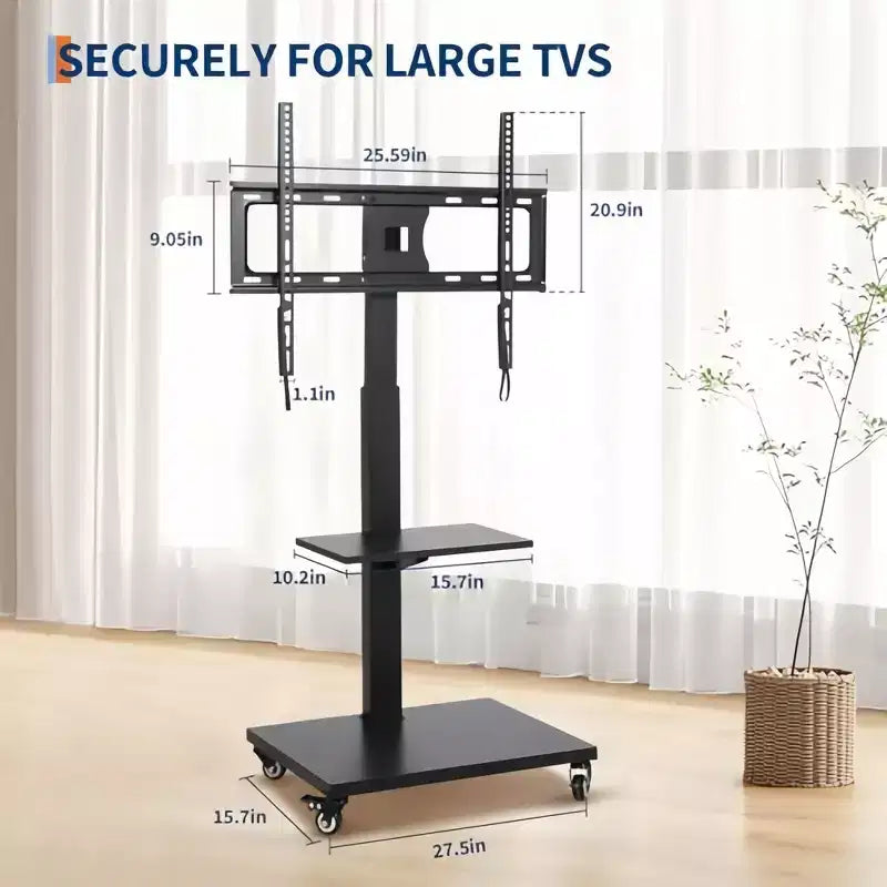 Chariot TV mobile Support roulant réglable en hauteur avec roulettes verrouillables pour téléviseurs de 32 à 75 pouces, base pivotante/inclinable et étagère ouverte