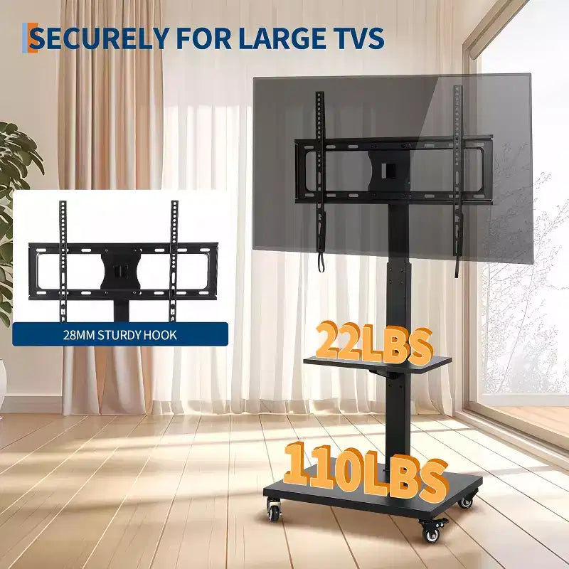 Chariot TV mobile Support roulant réglable en hauteur avec roulettes verrouillables pour téléviseurs de 32 à 75 pouces, base pivotante/inclinable et étagère ouverte