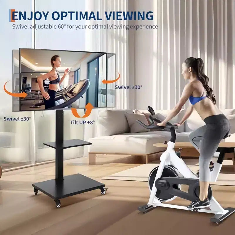 Chariot TV mobile Support roulant réglable en hauteur avec roulettes verrouillables pour téléviseurs de 32 à 75 pouces, base pivotante/inclinable et étagère ouverte