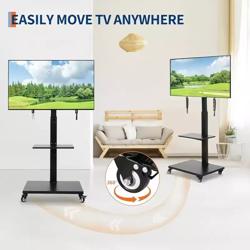 Chariot TV mobile Support roulant réglable en hauteur avec roulettes verrouillables pour téléviseurs de 32 à 75 pouces, base pivotante/inclinable et étagère ouverte