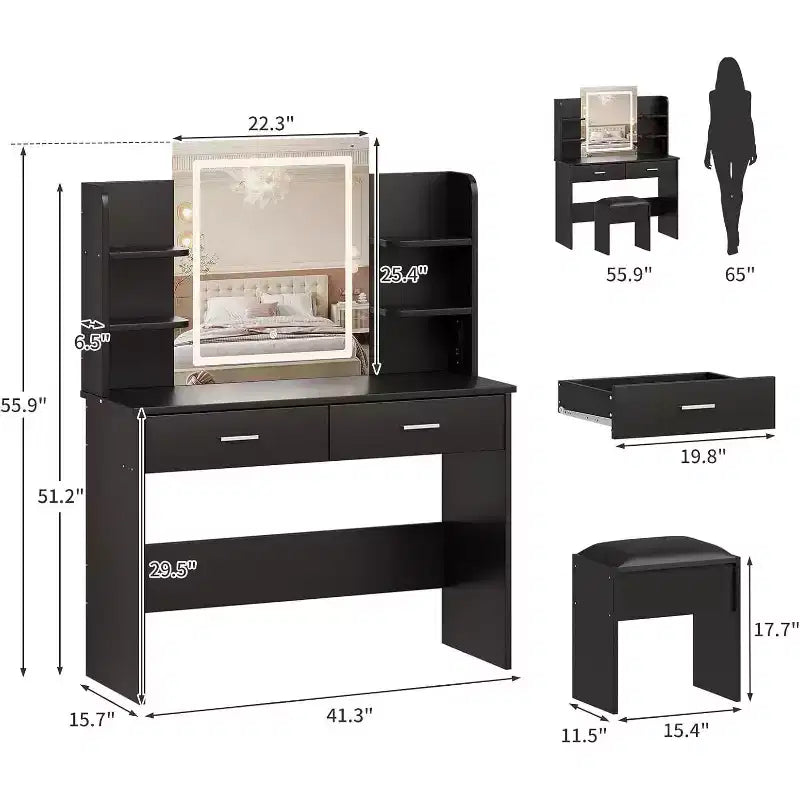 Coiffeuse avec miroir lumineux, tabouret, prise de courant, 6 étagères, 2 grands tiroirs, LED réglable 3 couleurs, coiffeuse pour chambre à coucher, noir
