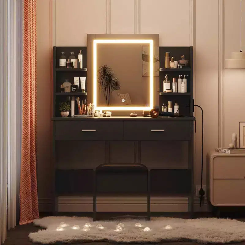 Coiffeuse avec miroir lumineux, tabouret, prise de courant, 6 étagères, 2 grands tiroirs, LED réglable 3 couleurs, coiffeuse pour chambre à coucher, noir