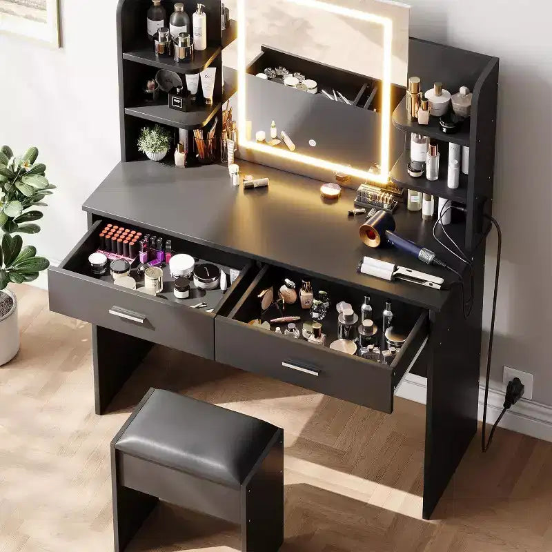 Coiffeuse avec miroir lumineux, tabouret, prise de courant, 6 étagères, 2 grands tiroirs, LED réglable 3 couleurs, coiffeuse pour chambre à coucher, noir