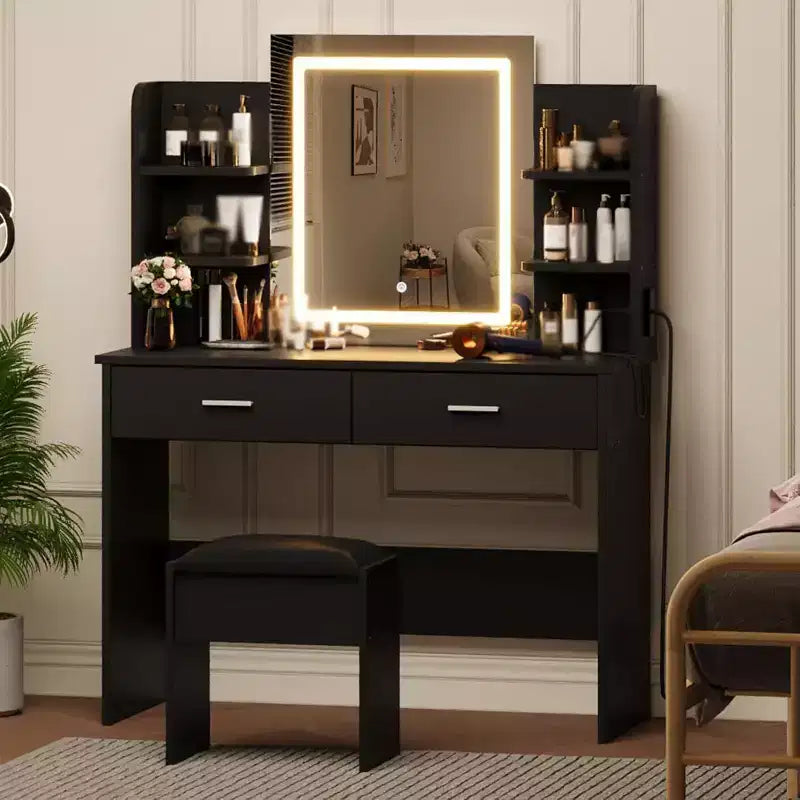 Coiffeuse avec miroir lumineux, tabouret, prise de courant, 6 étagères, 2 grands tiroirs, LED réglable 3 couleurs, coiffeuse pour chambre à coucher, noir